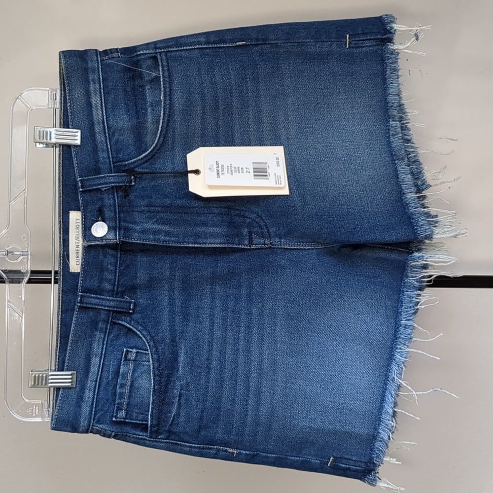 Current/Elliott Escapade Mid Rise Medium Wash Frayed Hem Jean Short Sz 27